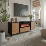 Credenza Santarem, Madia da salotto con due ante battenti, anta a ribalta- e camino elettrico, Rialzata da terra, 191x40 h69 cm, Nero e Noce