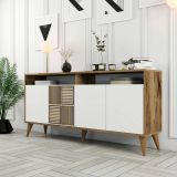 Credenza Scorpio, Buffet da soggiorno, Madia da salotto, Dispensa da cucina, 160x35 h79 cm, Noce e Bianco