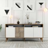 Credenza Scorpio, Buffet da soggiorno, Madia da salotto, Dispensa da cucina, 160x35 h79 cm, Noce e Bianco