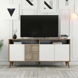 Credenza Scorpio, Buffet da soggiorno, Madia da salotto, Dispensa da cucina, 160x35 h79 cm, Noce e Bianco