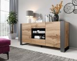 Credenza Silves, Madia da salotto con due ante battenti, due cassetti e vani interni, Rialzata da terra, 164x44 h80 cm, Rovere Nodi e Antracite