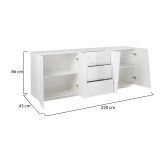 Credenza Sven, Madia da cucina a 4 ante e 3 cassetti, Buffet da soggiorno, 100% Made in Italy, cm 220x43h86, Bianco lucido