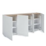 Credenza Ulundi, Buffet da soggiorno, Madia da salotto, Dispensa da cucina, Made in Italy, 203x40h92 cm, Bianco lucido e Rovere