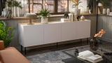 Credenza Valpacos, Madia da salotto con quattro ante battenti e vani interni, Rialzata da terra, 200x40 h70 cm, Beige e Rovere