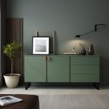 Credenza Verde Marrone Rovere 3 Cassetti 2 Ripiani 184x40x86h cm, Apertura Battente - Camere