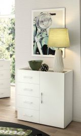Credenza Violetta, Mobile buffet a 1 anta e 4 cassetti, Madia da soggiorno, Armadietto multiuso con ripiani, 100% Made in Italy, 90x41h87 cm, Bianco