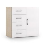 Credenza Violetta, Mobile buffet a 1 anta e 4 cassetti, Madia da soggiorno, Armadietto multiuso con ripiani, 100% Made in Italy, 90x41h87 cm, Bianco e Rovere
