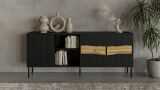 Credenza Viseu, Madia da salotto con tre ante battenti e due vani aperti, Rialzata da terra, 190x40 h80 cm, Nero e Rovere Nodi