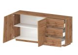 Credenza Xavier, Buffet da soggiorno, Madia da salotto con 2 ante e 3 cassetti, 180x44h86 cm, Rovere