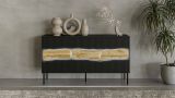 Credenza Xira, Madia da salotto con tre ante battenti e vani interni, Rialzata da terra, 144x40 h80 cm, Nero e Rovere Nodi