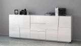Credenza Yoel, Buffet da soggiorno, Madia da salotto con 4 ante e 3 cassetti, 220x44h86 cm, Bianco lucido