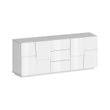 Credenza Yoel, Buffet da soggiorno, Madia da salotto con 4 ante e 3 cassetti, 220x44h86 cm, Bianco lucido