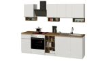 Cucina completa Rudolf, Cucina pratica e salvaspazio, Parete da cucina con 7 ante e 1 cassetto, 100% Made in Italy, 255x60h85 cm, Bianco lucido e Rovere