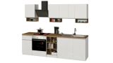Cucina completa Rudolf, Cucina pratica e salvaspazio, Parete da cucina con 7 ante e 1 cassetto, 100% Made in Italy, 255x60h85 cm, Bianco lucido e Rovere
