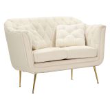 Divano Fisso 2 Posti Bianco Crema oro Effetto Velluto Trapuntato Cuscini Inclusi 130x83x91h cm, Braccioli - Diskit
