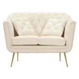 Divano Fisso 2 Posti Bianco Crema oro Effetto Velluto Trapuntato Cuscini Inclusi 130x83x91h cm, Braccioli - Diskit