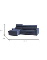 Divano fisso Eliana, Divano ad angolo, 100% Made in Italy, Sofà Soggiorno con chaise longue, in tessuto imbottito - Penisola contenitore Sinistra, con Braccioli slim, Cm 260x95h85, Blu