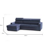 Divano Letto Aleandra, Divano ad angolo, 100% Made in Italy, Sofà con apertura girevole, con Penisola contenitore Sinistra, con Braccioli slim, Cm 260x95h85, Blu