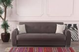 Divano letto Alejandro, Divano letto contenitore a 3 posti con 2 cuscini inclusi, Sofà da soggiorno in tessuto imbottito con apertura click-clack, 224x85h87 cm, Grigio Chiaro