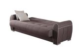 Divano letto Alejandro, Divano letto contenitore a 3 posti con 2 cuscini inclusi, Sofà da soggiorno in tessuto imbottito con apertura click-clack, 224x85h87 cm, Grigio Chiaro