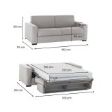 Divano Letto Alena, Divano a 2 posti, 100% Made in Italy, Sofà Soggiorno con apertura girevole, in tessuto imbottito, con Braccioli slim, Cm 160x95h90, Grigio