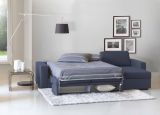 Divano Letto Alicya, Divano ad angolo, 100% Made in Italy, Sofà con apertura girevole, con Penisola contenitore reversibile, con Braccioli standard, Cm 280x95h90, Blu