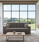 Divano letto Francisco, Divano letto contenitore a 3 posti lineare, Sofà da soggiorno in tessuto imbottito con apertura click-clack, 226x85h91 cm, Grigio