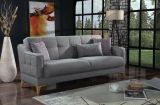 Divano letto Juan, Divano letto contenitore a 3 posti lineare con 3 cuscini inclusi, Sofà da soggiorno in tessuto imbottito con apertura click-clack, 207x82xh92 cm, Grigio