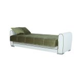Divano letto Luis, Divano letto contenitore a 3 posti in ecopelle e tessuto, Sofà da soggiorno in tessuto imbottito con apertura click-clack, 220x84h91 cm, Bianco e Verde