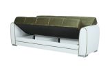 Divano letto Luis, Divano letto contenitore a 3 posti in ecopelle e tessuto, Sofà da soggiorno in tessuto imbottito con apertura click-clack, 220x84h91 cm, Bianco e Verde