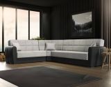 Divano letto Matias, Divano letto contenitore ad angolo in ecopelle e tessuto, Sofà da soggiorno con apertura click-clack e penisola reversibile, 305x238h91 cm, Nero e Grigio Chiaro