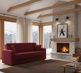Divano letto Pinto, Divano letto contenitore lineare a 3 posti, Sofà da soggiorno in tessuto imbottito con apertura click-clack, 212x80h87 cm, Rosso