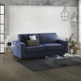 Divano Letto Samantha, Divano a 2 posti, 100% Made in Italy, Sofà Soggiorno con apertura girevole, in tessuto imbottito, con Braccioli slim, Cm 160x95h90, Blu