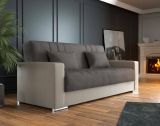 Divano letto Sergio, Divano letto contenitore a 3 posti in ecopelle e tessuto, Sofà da soggiorno con apertura click-clack e 2 cuscini inclusi, 230 x96h101 cm, Beige e Grigio