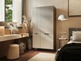 Guardaroba 2 ante Agueda, Mobile multifunzionale con sei ripiani interni e una barra appendiabiti, Finitura effetto cannettato, 90x52 h185 cm, Beige