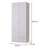 Guardaroba 2 Ante Bianco Bianco Appendiabiti 2 Cassetti 80x205h cm, 4 Ripiani - Cimena