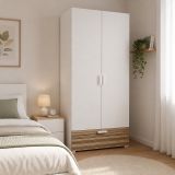 Guardaroba 2 Ante Bianco Marrone Rovere un Cassetto 2 Ripiani 80x180h cm, Appendiabiti - Vacone