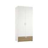 Guardaroba 2 Ante Bianco Marrone Rovere un Cassetto 2 Ripiani 80x180h cm, Appendiabiti - Vacone
