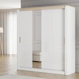 Guardaroba 2 Ante Bianco Opaco Marrone Rovere 5 Ripiani Appendiabiti 199x217h cm, Apertura Scorrevole - Lunenb