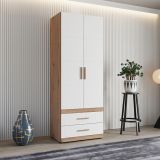 Guardaroba 2 Ante Bianco Opaco Marrone Rovere Nodi Appendiabiti 2 Cassetti 79x208h cm, un Ripiano - Tilcara