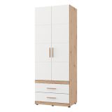 Guardaroba 2 Ante Bianco Opaco Marrone Rovere Nodi Appendiabiti 2 Cassetti 79x208h cm, un Ripiano - Tilcara