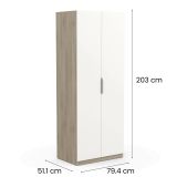 Guardaroba 2 ante Isere, Mobile camera da letto, Cabina armadio portabiti, Armadio appendiabiti, 79x51 h203 cm, Rovere e Bianco opaco
