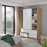 Guardaroba 2 Ante Marrone Rovere Nodi Bianco 4 Cassetti 2 Ripiani 140x200h cm, Appendiabiti - Ponna