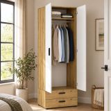 Guardaroba 2 Ante Marrone Rovere Nodi Bianco un Ripiano 2 Cassetti 74x214h cm, Appendiabiti - Buriasco