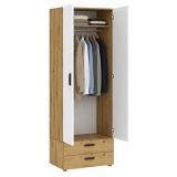 Guardaroba 2 Ante Marrone Rovere Nodi Bianco un Ripiano 2 Cassetti 74x214h cm, Appendiabiti - Buriasco