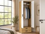 Guardaroba 2 Ante Marrone Rovere Nodi Bianco un Ripiano 2 Cassetti 74x214h cm, Appendiabiti - Buriasco