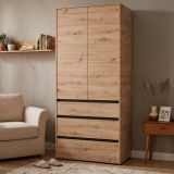 Guardaroba 2 Ante Marrone Rovere Nodi Nero Appendiabiti 3 Cassetti 93x211h cm, un Ripiano - Vimercatii