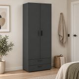 Guardaroba 2 Ante Nero Antracite Nero un Ripiano 2 Cassetti 74x214h cm, Appendiabiti - Buriasco