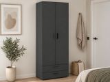 Guardaroba 2 Ante Nero Antracite Nero un Ripiano 2 Cassetti 74x214h cm, Appendiabiti - Buriasco