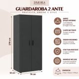 Guardaroba 2 Ante Nero Antracite un Ripiano Appendiabiti 74x179h cm, 2 Ante - Malvito